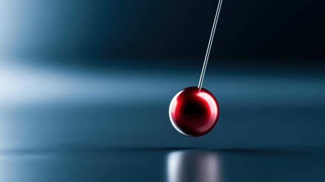 A single red pendulum ball hangs suspended against a blurred blue background, representing motion and physics