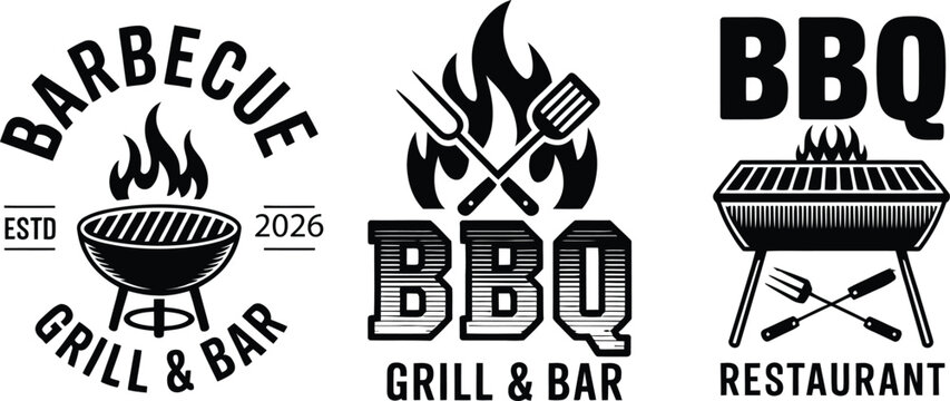 Vintage bbq logos collection grill flames and utensils designs