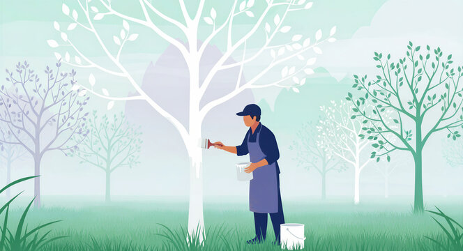 Man painting tree trunk with white paint in an orchard garden. Gardener performing seasonal maintenance to protect fruit trees from pests. Spring gardening care and agricultural protection concept.
