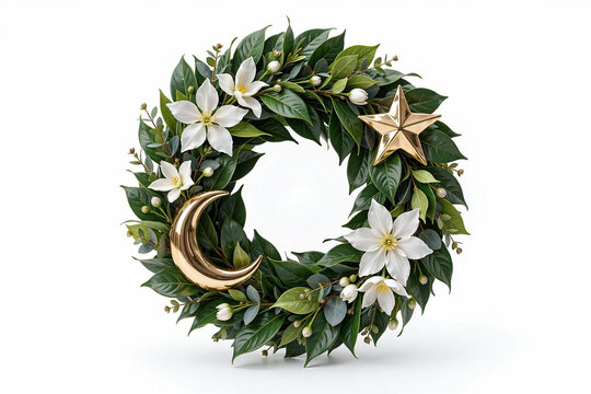 Green leafy wreath with white flowers and gold star and moon on white background