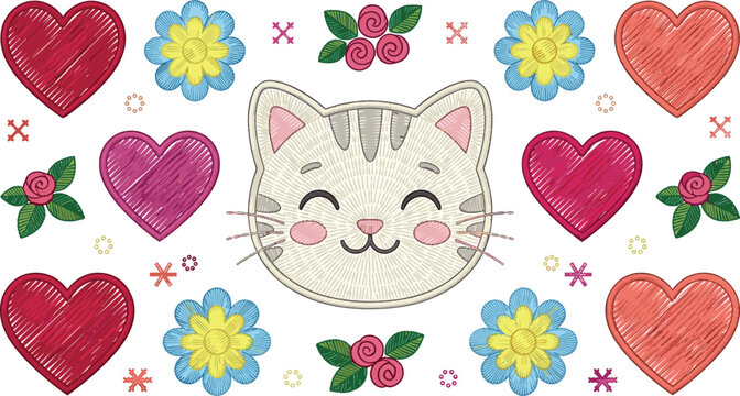 Cute Embroidered Cat Collection with Floral Hearts, Doodle Flowers, Romantic Love Elements, and Hand Stitched Kawaii Vector Illustration Set