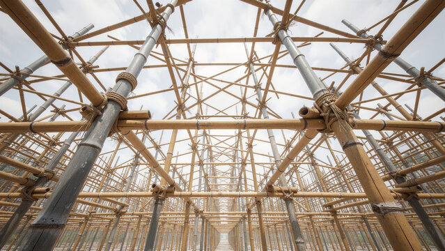 Complex bamboo scaffolding structure against sky. Traditional construction framework with natural poles and rope bindings. Sustainable engineering concept for industrial and architectural use.