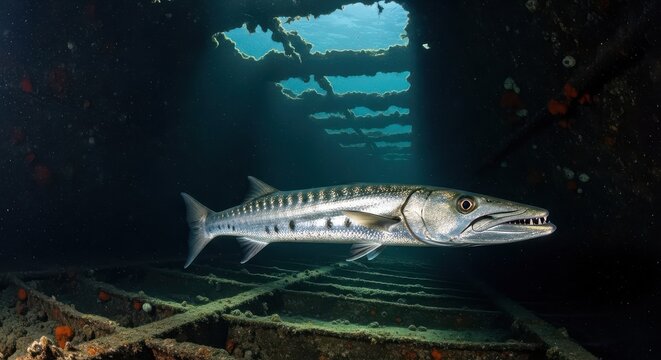 Sleek barracuda fish lurking within underwater shipwreck structure