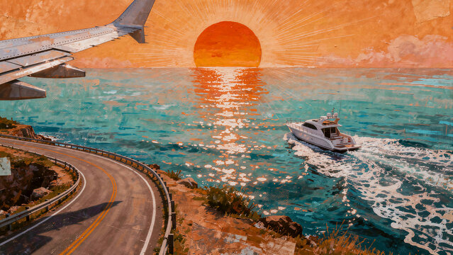 Plane wing, yacht, and coastal road under a large setting sun in an artistic painting style. Vibrant impasto artwork showing travel modes. Luxury summer vacation concept for tourism marketing.