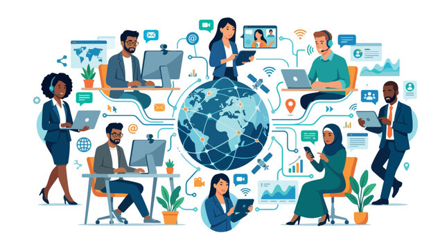 Diverse professionals collaborate around a world globe in a dynamic remote teamwork scene with laptops