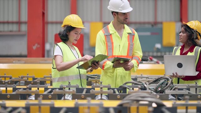 Male and female engineers, technicians, and production staff collaborate inside factory, inspecting machinery, discussing maintenance strategies, identifying production issues, implementing effective 