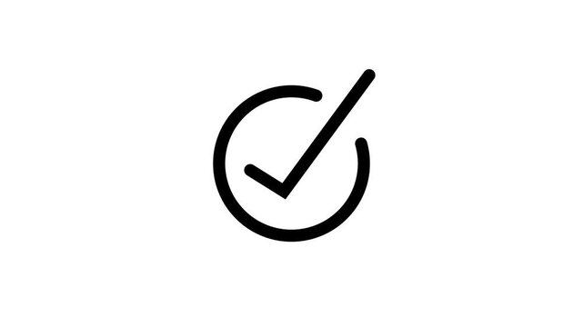 Black color check mark icon animation verified success symbol on a white background with 4k video animation.