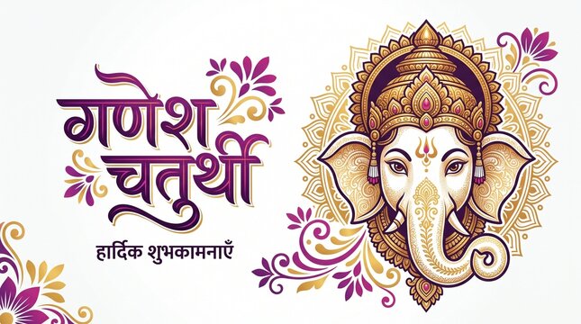 Traditional Ganesh Chaturthi Hindi Typography with Decorative Lord Ganesha Face Illustration on White