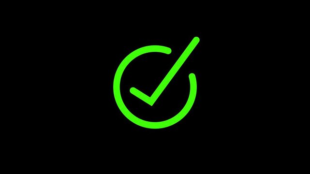 Green color check mark icon animation verified success symbol on a black background with 4k video animation.