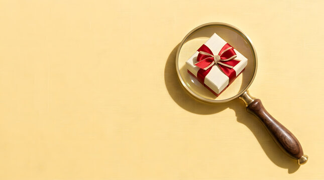 Magnifying glass over a gift box with red ribbon on yellow | Searching for the perfect present and curated selection | Gift hunting and holiday shopping concept | Symbolic search for value