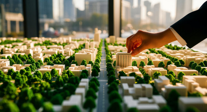 Hand placing a miniature building onto a detailed urban scale model. Professional architect working on a city development project. Real estate investment and architectural design concept.