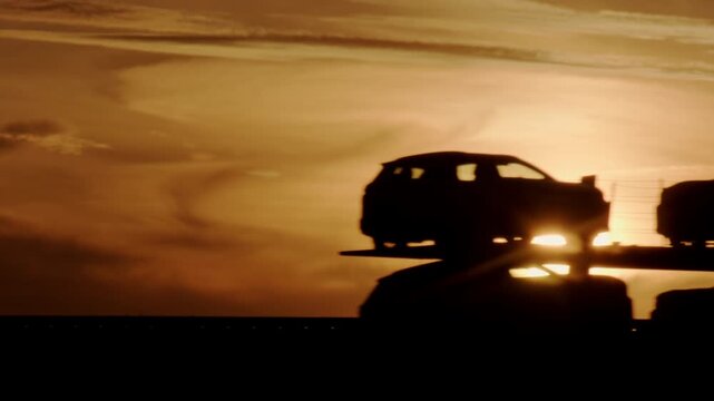 Silhouette of car transporter truck driving on road against background of picturesque sunset sky with clouds in evening twilight side view, sun rays shine through new cars on trailer platform