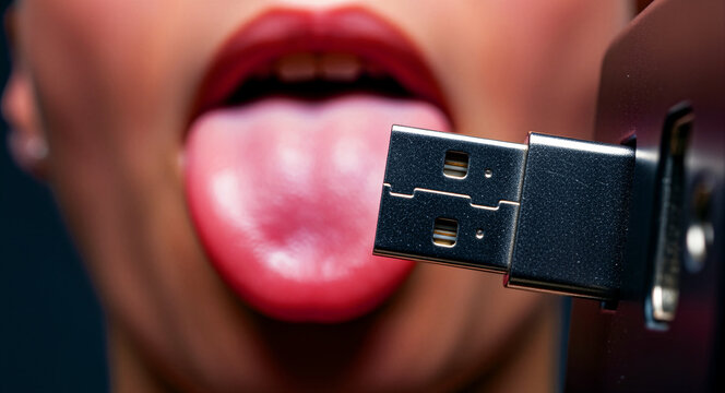 Close-up of a USB flash drive held near a woman's open mouth with her tongue out. The metallic connector is in sharp focus against blurred red lips. Digital consumption and data storage concept.