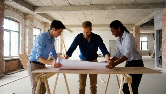 Architects and construction professionals examining a blueprint on a wooden table in an unfinished room under renovation.