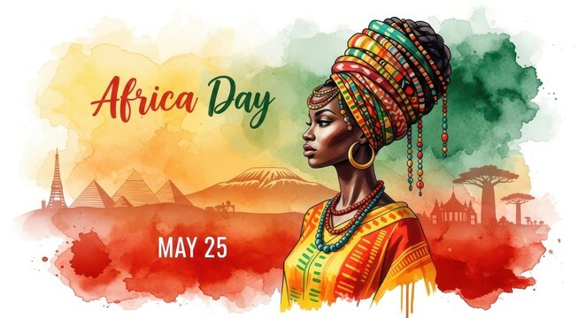 African woman in traditional attire celebrating Africa Day. Cultural heritage and pride in vibrant festival setting.