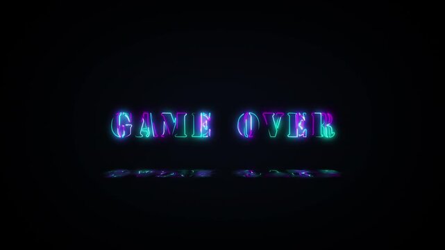 Game Over glitch neon pink blue text effect with silver flash flickering light loop cinematic title animationn backgroud 4K 3D isolated seamless loop Business Intelligence glitch text effect element