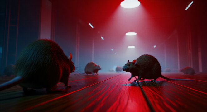 Rats scurrying across a wooden floor in a dark hallway. Red spotlights illuminate the pests moving through an industrial warehouse. Pest control and infestation concept for sanitation marketing.