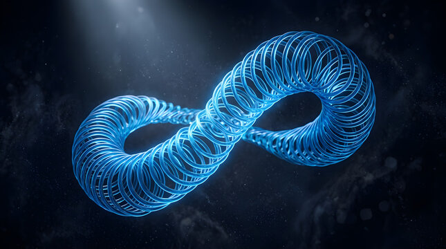 Ethereal glowing blue polymer rings twisting into a complex moebius strip, dramatic spotlighting emphasizing material texture, ultra-realistic 8k abstract background.
