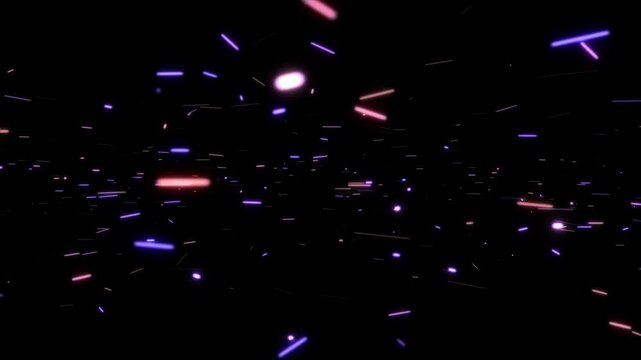 Abstract flickering glow orange violet star dust particles animation flow on black abstract background for screen project overlay. Animation of fiery orange violet glowing flying ember burning ash par