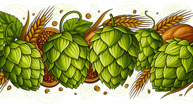 Vibrant illustration of green hop cones and golden barley. Hand-drawn brewery ingredients and malt grains in a banner layout. Beer brewing concept ideal for craft brewery labels and pub menus.