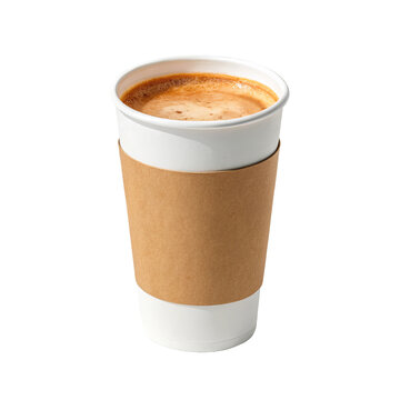 Takeaway paper coffee cup with kraft sleeve containing hot cappuccino foam for cafe branding takeaway mockup