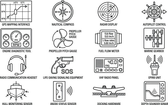 Marine navigation and nautical equipment icon set for maritime communication, boat control, and shipping systems design