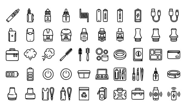 Vaping Accessory Line Icons Collection with E-Liquid Pod and Coil Symbols