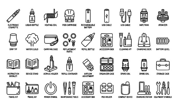 Electronic Cigarette Accessory Outline Vector Icons with Vape Device and Coil Elements