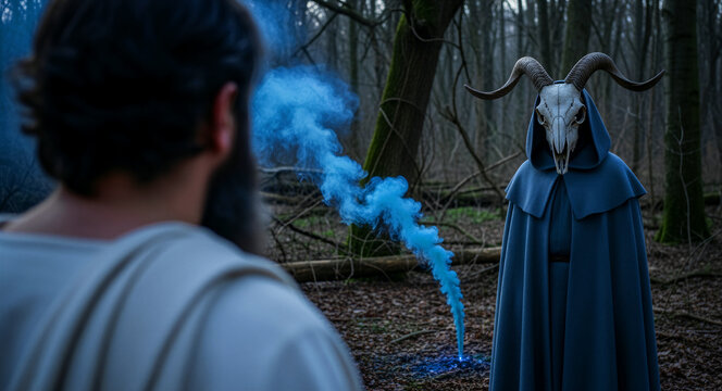 Man in white robes facing a figure wearing a horned animal skull mask in a dark forest. Blue smoke rises from a ritual site during a pagan ceremony. Fantasy occult concept for horror themes.