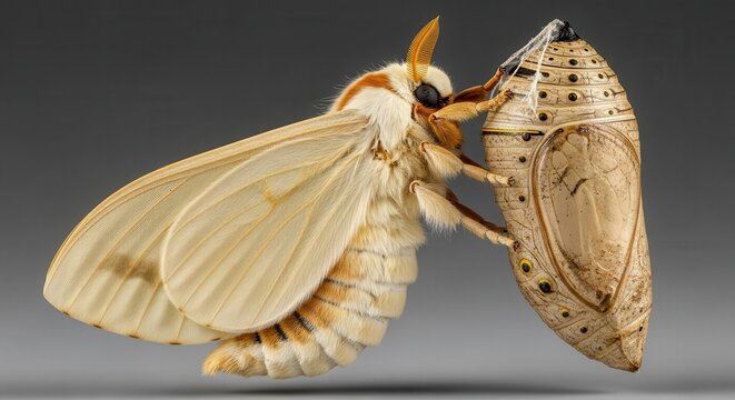 Silkworm Moth Emerging From Chrysalis, A Moment of Transformation