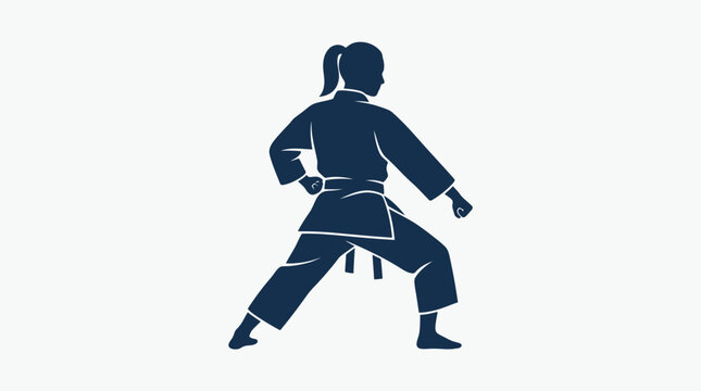 Martial artist stands in a low fighting pose wearing a traditional karate uniform.