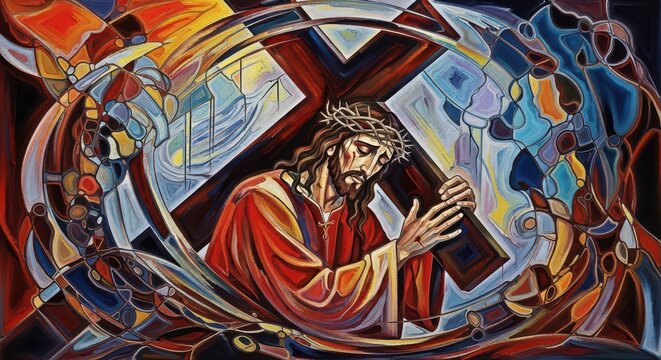 Close-up of a religious icon painting. Artistic depiction of a saint or biblical figure in a vibrant, detailed style.