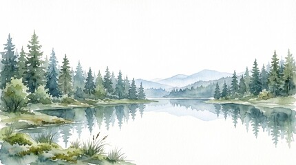 Fototapeta premium Watercolor Mountain Lake Landscape with Pine Trees and Soft Reflection