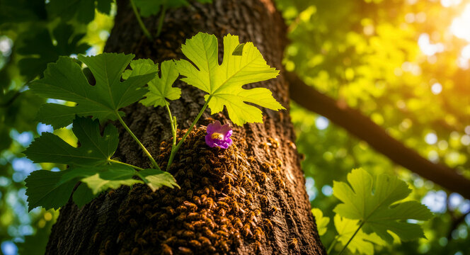 Honey bee swarm clustered on a tree trunk with a small purple flower. Sunlight filters through green forest leaves onto the bees. Ecology concept for nature conservation and environmental education.