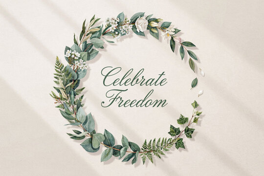 Green floral wreath with celebrate freedom text