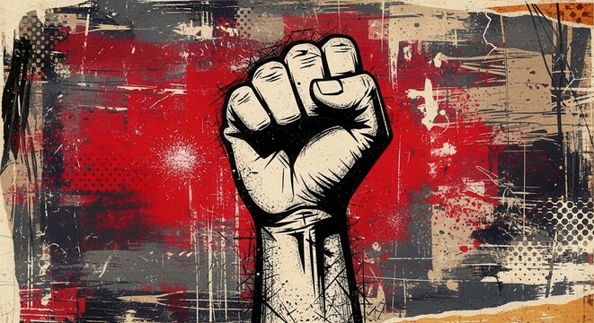 Fist raised in protest. Symbol of resistance and activism in urban street art. Powerful political statement.