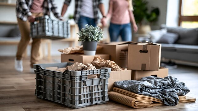 Familie packt gemeinsam Kleidung und Hausrat f&uuml;r den Umzug