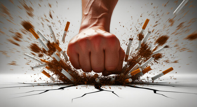 Strong fist smashing a pile of cigarettes on a cracked ground. Exploding tobacco and shattered butts symbolize the power to quit smoking. Anti-smoking concept for healthcare and addiction recovery.