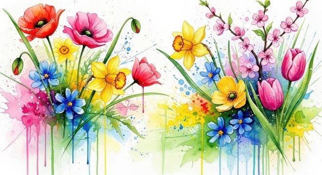 Colorful watercolor floral arrangement. Bright spring bouquet with vibrant blossoms and greenery.