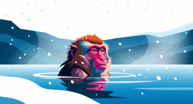 Japanese Macaque snow monkey bathing in an onsen hot spring. Vibrant vector illustration of a primate in a winter mountain landscape during snowfall. Nature and travel concept for winter posters.
