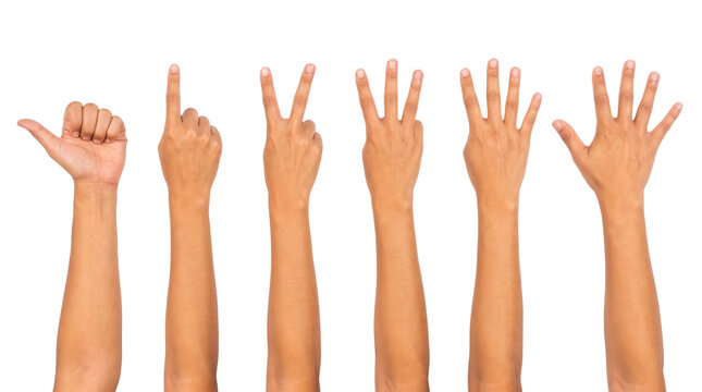 A set of six human hands displaying different numbers from zero to five using finger counts, PNG, isolated on transparent background.