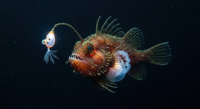 Mysterious deep-sea anglerfish with glowing lure hunting in darkness