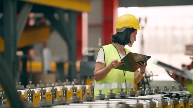 Factory engineering professionals evaluate industrial equipment, reviewing maintenance records, discussing production challenges, identifying mechanical faults, applying innovative solutions, maximizi