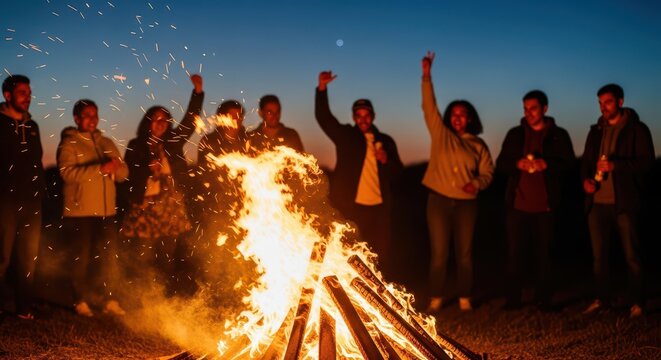 Group of people celebrating around a bonfire at night. Friends enjoying outdoor social event with fire and laughter.