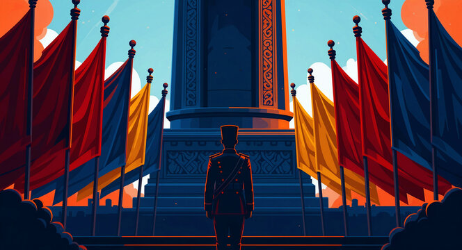 Soldier in uniform stands at a grand monument base flanked by flags. Honor guard before a tall memorial column. Patriotic service concept for military remembrance and national holiday marketing.