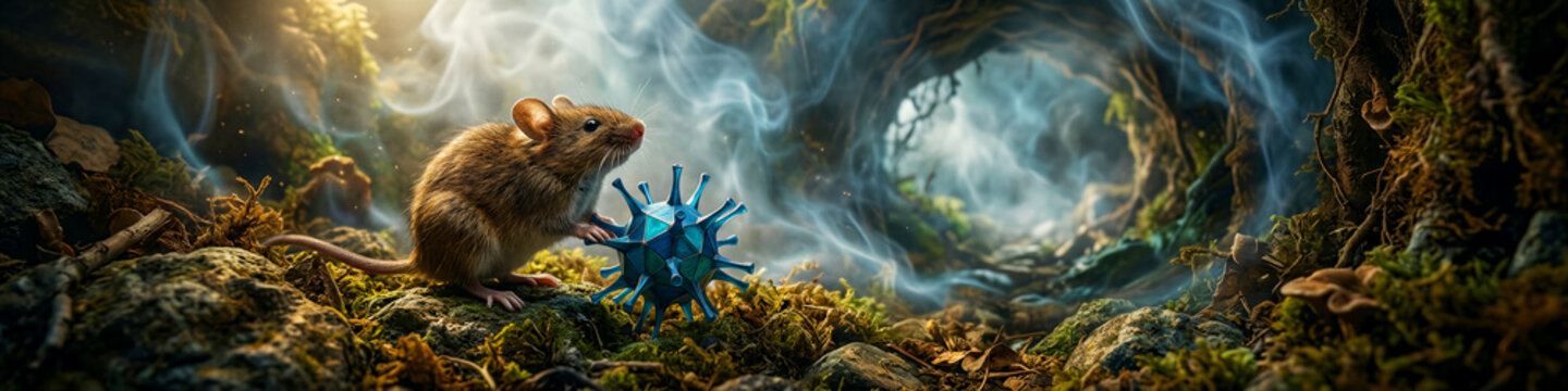 Brown mouse touching a blue virus model in a dark forest. Rodent interacting with a spiked pathogen amidst mystical fog and mossy rocks. Zoonotic transmission concept for science and health media.