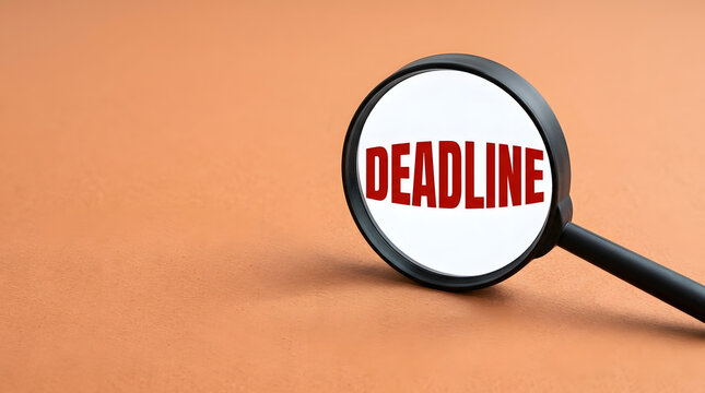 Magnifying glass focusing on red deadline word on orange background | Concept of time management and business urgency | Analysis of project deadlines and task pressure | Strategic focus on schedule