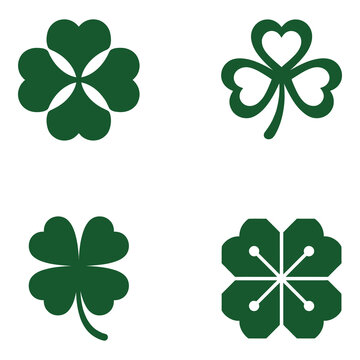 Four leaf clover icons in different styles and designs on white background icon