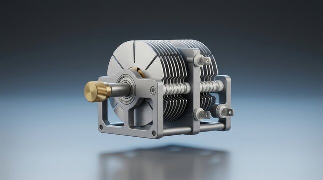 Variable capacitor 3D render adjustable capacitance device for radio transmitters oscillators wireless electronics and laboratory instruments