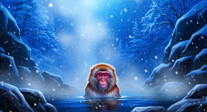 Japanese macaque monkey bathing in a hot spring during a winter snowfall. Snow monkey relaxes in steaming blue water near frozen mountains. Wildlife and winter travel concept, ideal for nature ads.